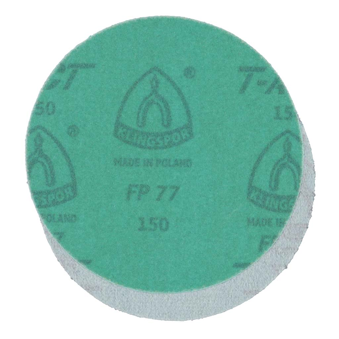 Klingspor FP77 GreenTec, 150 Grit, Film, 6"x No Hole, Kling-On 077FPK150W-15000 sanding disc featuring premium aluminum oxide abrasive grain, durable waterproof 3 mil film backing, hole-free design for maximum sanding surface coverage, and advanced GreenTec T-ACT coating technology for reduced loading, cooler sanding, and superior finishing performance.