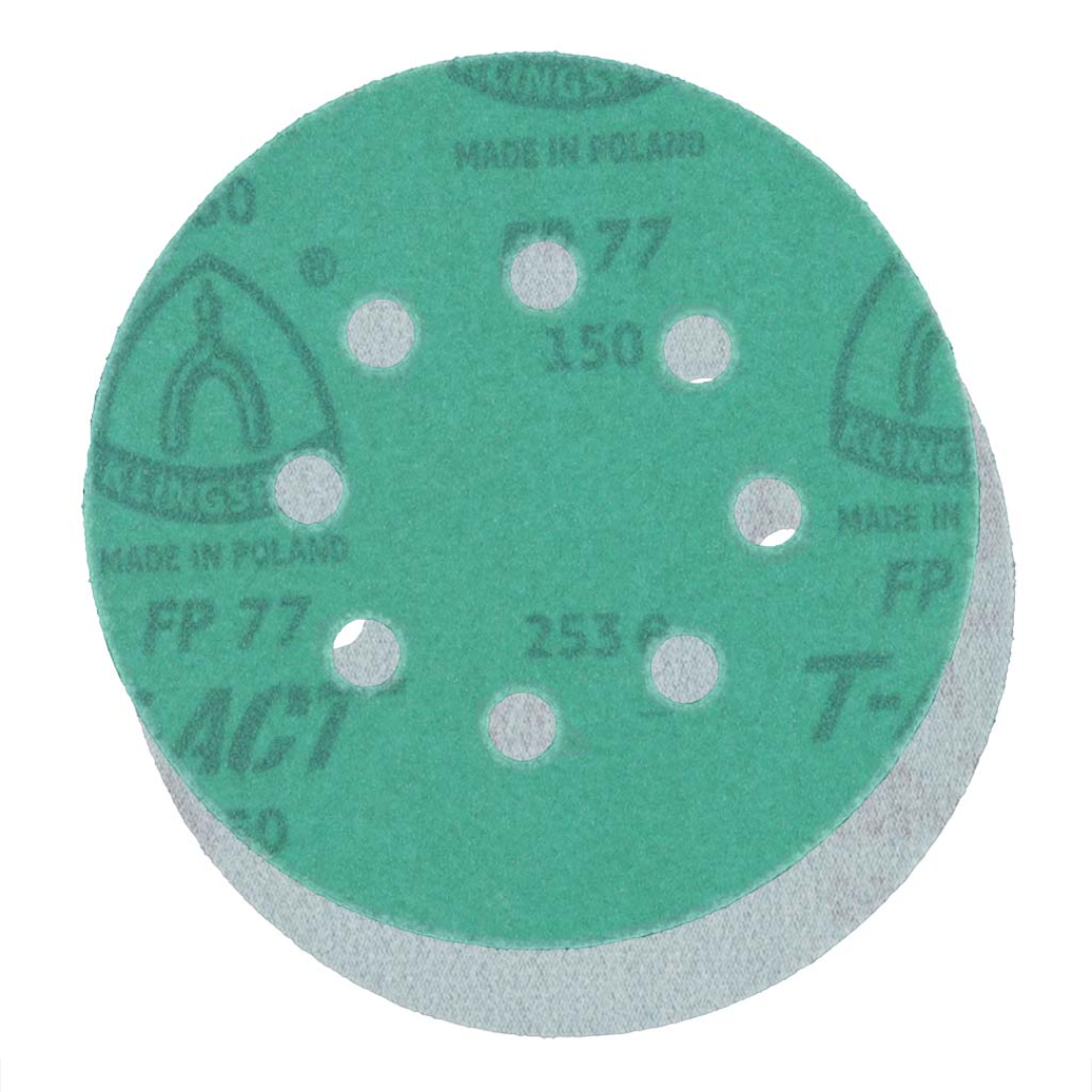 Klingspor FP77 GreenTec, 180 Grit, Film, 5"x 8 Holes, Kling-On 077FPK180W-12700A sanding disc featuring premium aluminum oxide abrasive grain, durable waterproof 3 mil film backing, 8-hole dust extraction pattern, and advanced GreenTec T-ACT coating technology for reduced loading, cooler sanding temperatures, extended abrasive life, and superior finishing performance on wood, composites, fiberglass, aluminum, plastics, and painted surfaces.