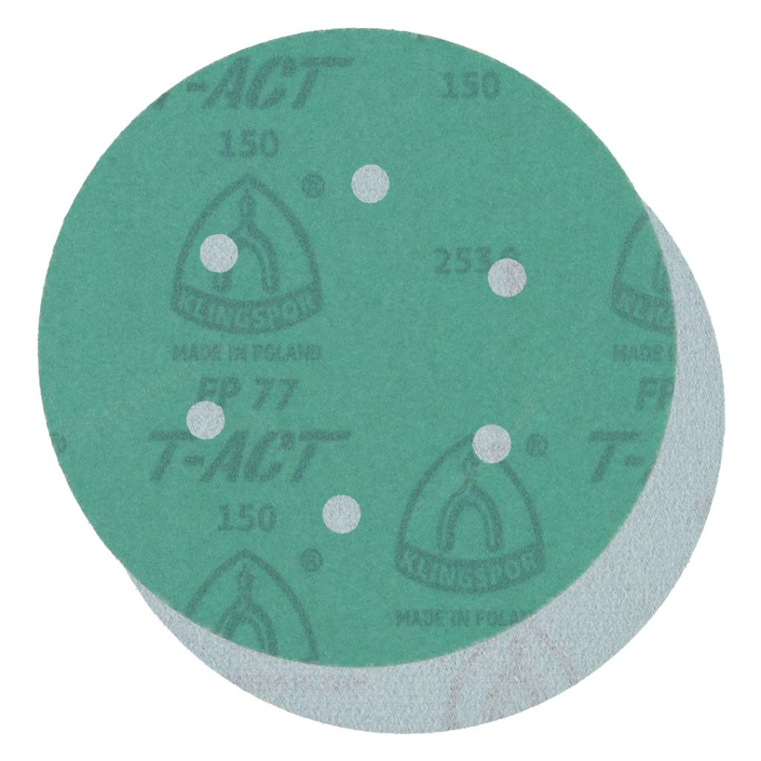 Klingspor FP77 GreenTec, 180 Grit, Film, 6"x 6 Holes, Kling-On 077FPK180W-15000B sanding disc featuring premium aluminum oxide abrasive grain, durable waterproof 3 mil film backing, 6-hole dust extraction pattern, and advanced GreenTec T-ACT coating technology for reduced loading, cooler sanding temperatures, extended abrasive life, and superior finishing performance on wood, composites, fiberglass, aluminum, plastics, painted surfaces, and automotive refinishing applications.