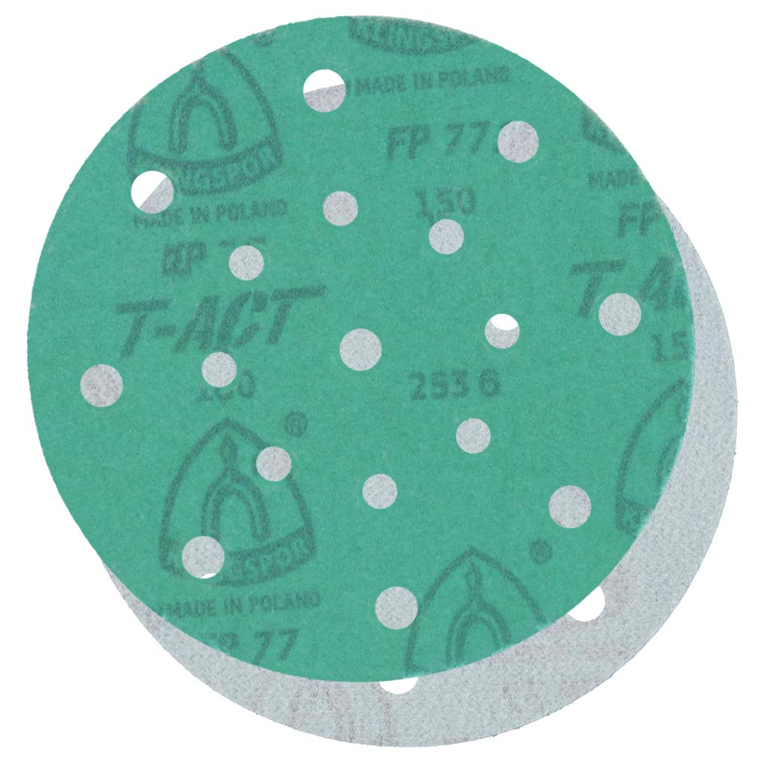 Klingspor FP77 GreenTec, 320 Grit, Film, 5"x 17 Holes, Kling-On 077FPK320W-12700K abrasive sanding disc featuring premium aluminum oxide grain, GreenTec anti-loading technology, waterproof 3 mil film backing, 17-hole dust extraction pattern, and Kling-On hook-and-loop attachment for professional finishing and surface preparation applications.