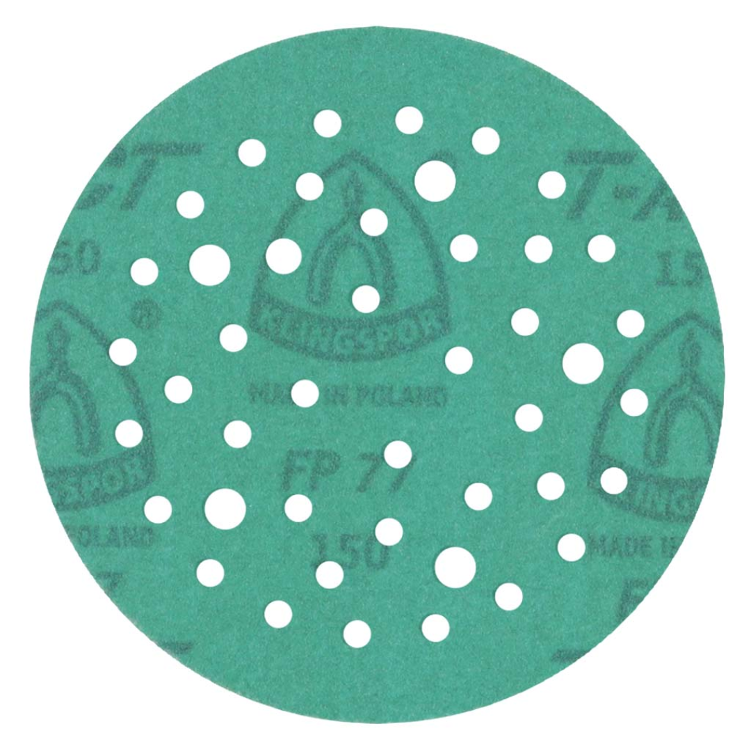 Klingspor FP77 GreenTec, 80 Grit, Film, 5"x 44 Holes, Kling-On 077FPK080W-127MP sanding disc with green waterproof film backing, 44-hole multi-hole dust extraction pattern, aluminum oxide abrasive grain, and hook-and-loop attachment for high-performance sanding, finishing, and surface preparation applications.