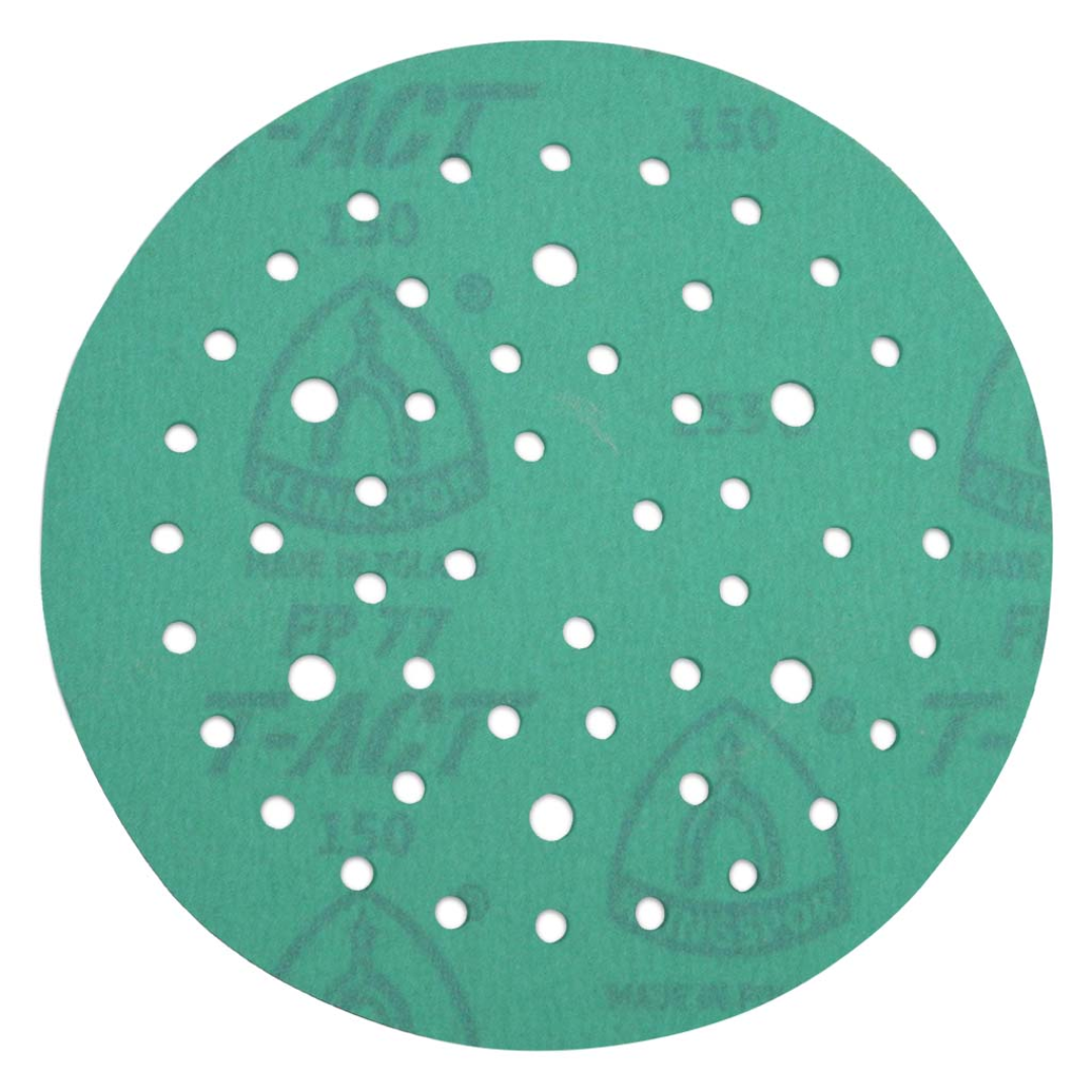Klingspor FP77 GreenTec, 80 Grit, Film, 6"x 52 Holes, Kling-On 077FPK080W-150MP sanding disc featuring durable waterproof film backing, 52-hole multi-hole dust extraction pattern, premium aluminum oxide abrasive grain, and hook-and-loop attachment for professional sanding, finishing, and surface preparation applications.