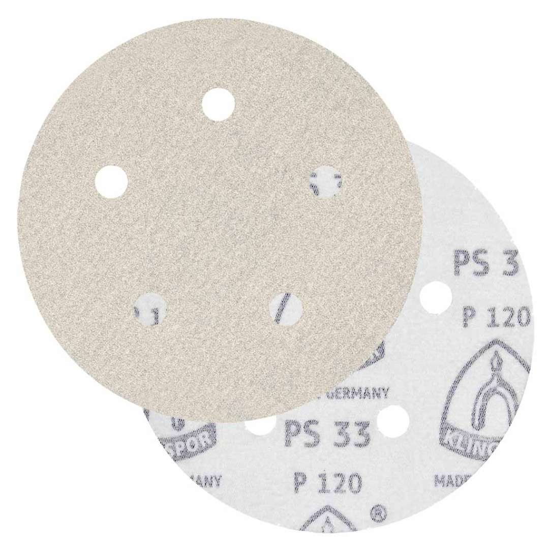 Klingspor PS33 Stearated A/O, 320 Grit, N Weight Paper, 5"x 5 Holes, Kling-On 033K320N-12700B sanding disc featuring premium aluminum oxide abrasive grain, stearated anti-loading coating, 5-hole dust extraction pattern, and Kling-On hook-and-loop backing for fine finishing, woodworking, automotive refinishing, metal sanding, primer preparation, and industrial surface finishing applications.