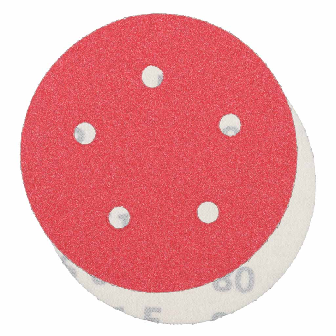 Klingspor PS61 Ceramic 120 Grit F-Wt Paper 5 Inch 5 Hole Kling-On sanding disc with self-sharpening ceramic aluminum oxide grain, closed-coat abrasive surface, durable F-weight paper backing, and 5-hole dust extraction pattern for sanding and finishing steel and stainless steel applications.