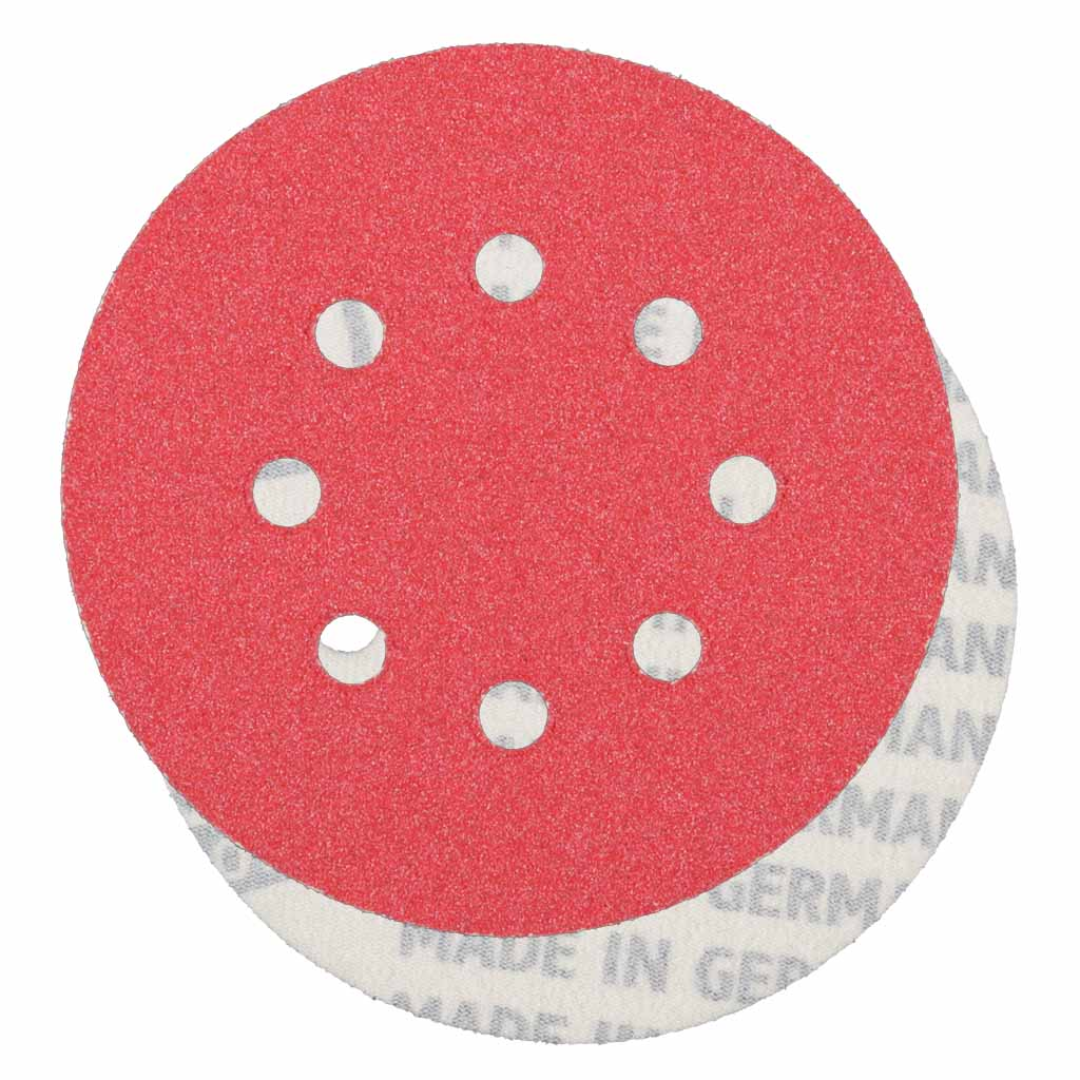 Klingspor PS61 Ceramic 120 Grit F-Wt Paper 5 Inch 8 Hole Kling-On sanding disc featuring premium ceramic aluminum oxide grain, closed-coat abrasive surface, durable F-weight paper backing, and 8-hole dust extraction pattern for efficient sanding and finishing of steel and stainless steel.