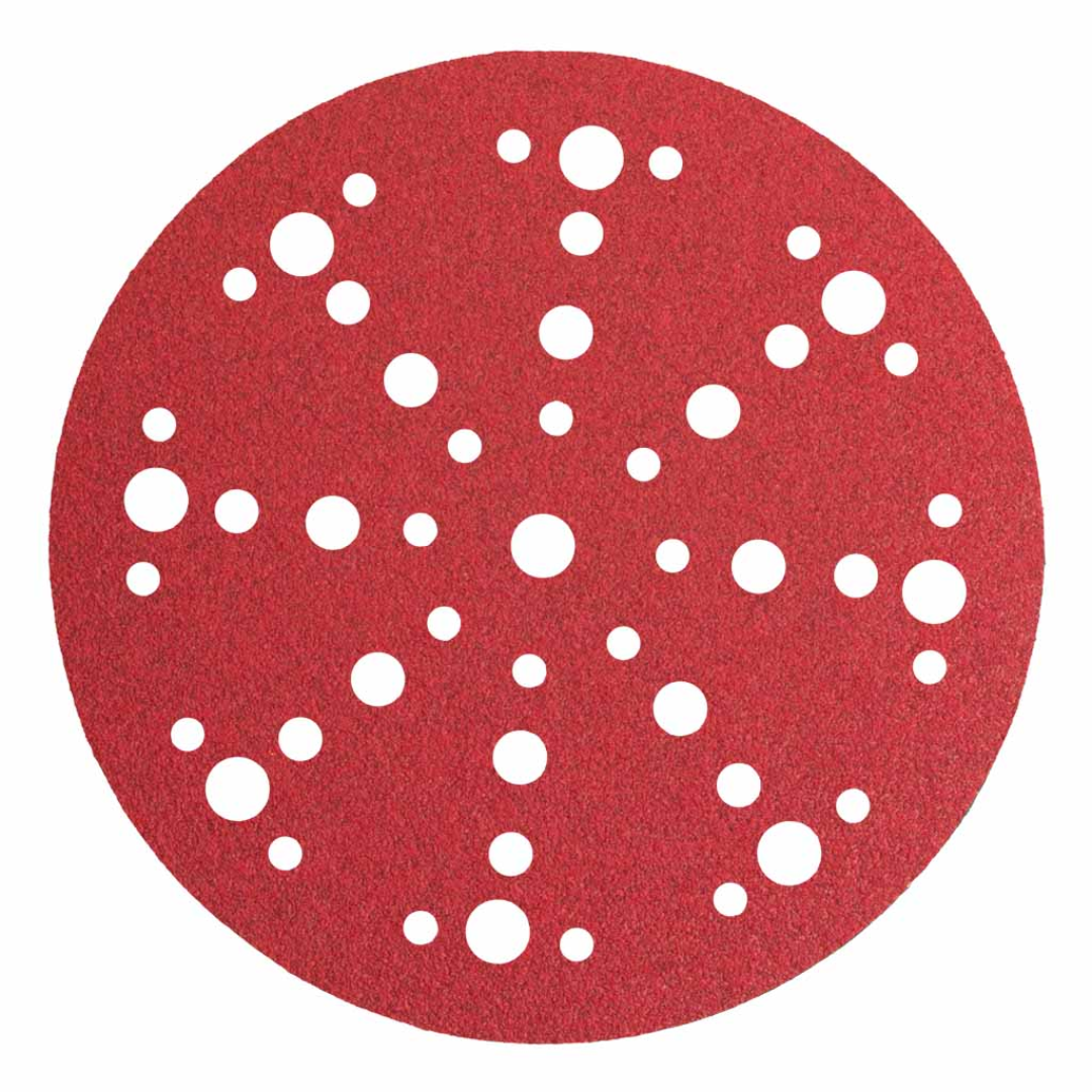 Klingspor PS61 Ceramic 120 Grit F-Wt Paper 6 Inch 48 Hole Kling-On sanding disc featuring self-sharpening ceramic aluminum oxide grain, closed-coat abrasive construction, durable F-weight paper backing, and 48-hole dust extraction pattern for high-performance sanding and finishing of steel and stainless steel surfaces.
