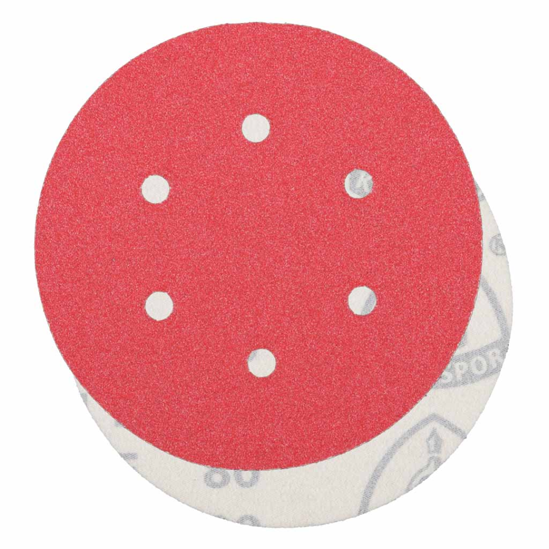 Klingspor PS61 Ceramic 120 Grit F-Wt Paper 6 Inch 6 Hole Kling-On sanding disc featuring self-sharpening ceramic aluminum oxide grain, closed-coat abrasive surface, durable F-weight paper backing, and 6-hole dust extraction pattern for efficient sanding and finishing of steel and stainless steel applications.