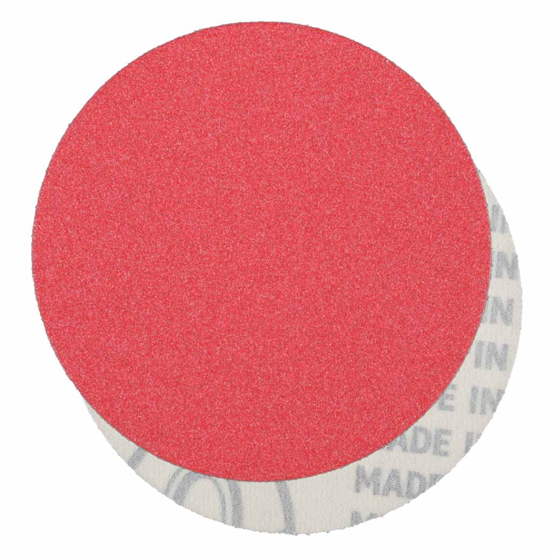 Klingspor PS61 Ceramic 150 Grit F-Wt Paper 5 Inch No Hole Kling-On sanding disc featuring self-sharpening ceramic aluminum oxide grain, closed-coat abrasive construction, durable F-weight paper backing, and hook-and-loop attachment for precision sanding and finishing of steel and stainless steel surfaces.