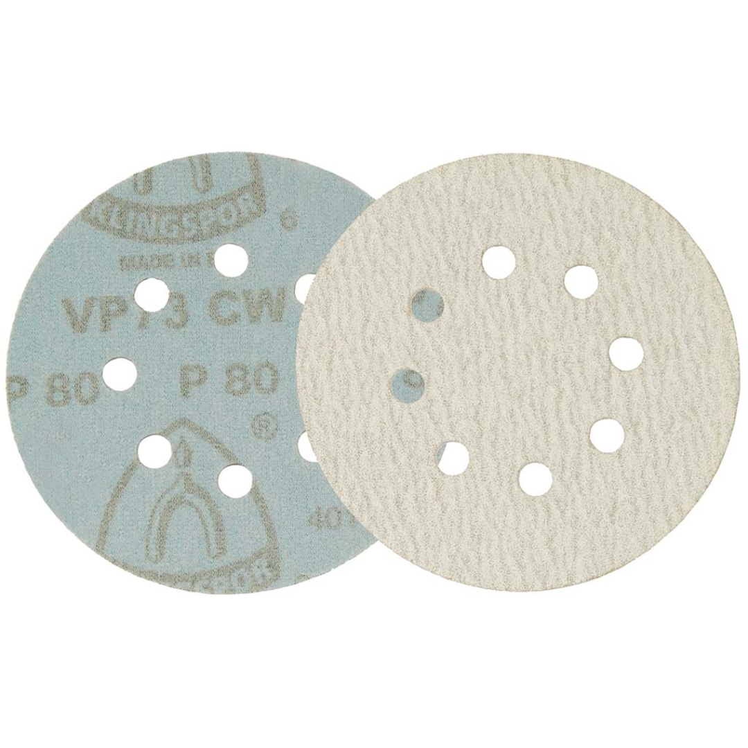 Klingspor VP73W Stearated A/O, 240 Grit, C-Wt Latex Paper, 5"x 8 Holes, Kling-On 073VPK240W-12700A abrasive sanding disc shown front and back, featuring premium aluminum oxide grain, durable latex-impregnated C-weight paper backing, 8-hole dust extraction pattern, and Kling-On hook-and-loop attachment system for fine finishing and surface preparation applications.