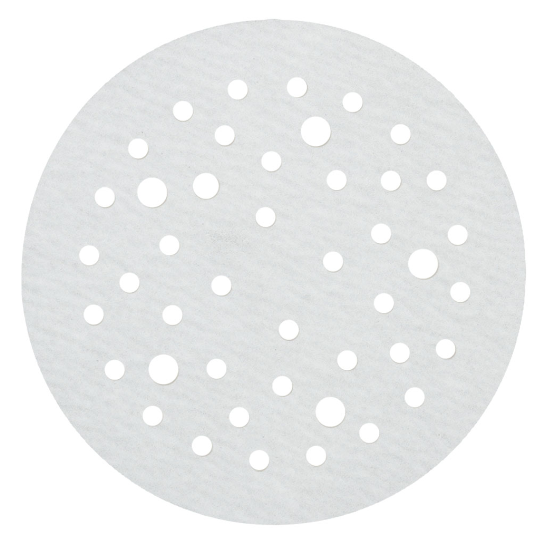 Klingspor VP73W Stearated A/O, 800 Grit, C-Wt Latex Paper, 5"x 44 Holes, Kling-On 073VPK800W-127MP sanding disc featuring aluminum oxide abrasive grain, multi-hole 44-hole dust extraction pattern, durable latex paper backing, and double stearate coating for ultra-fine finishing and high-efficiency dust collection applications.