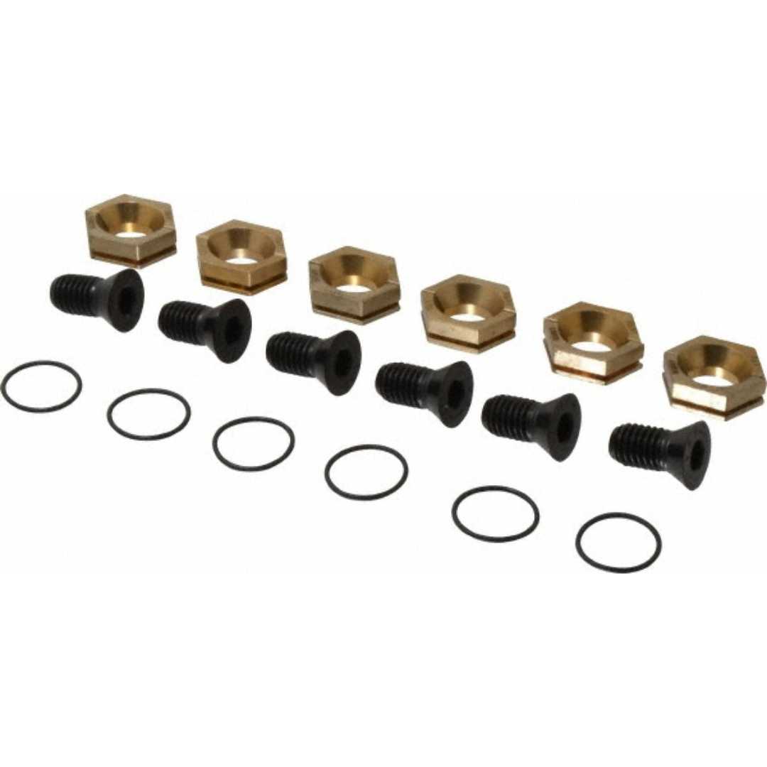 Kurt 1-1/8" Aluminum Bronze Hex, 1/2-13 Stud Thread, Symmetrical Hex Clamp 09509837 clamp hardware kit featuring aluminum bronze hex clamps, threaded studs, fasteners, and retaining rings designed for secure fixture mounting and precision workholding applications.