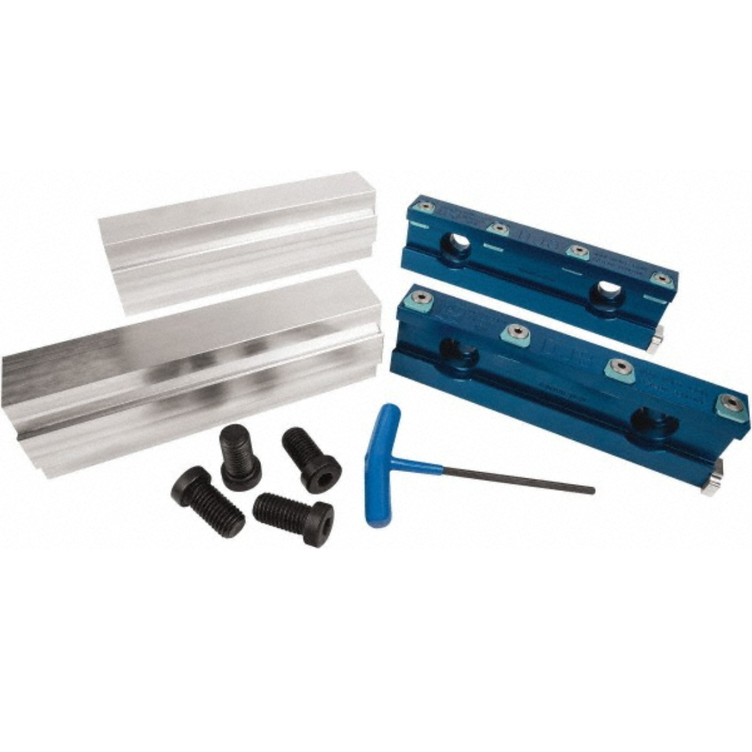 Kurt 1.475" Wide Aluminum Alloy Quick Change Jaw System Vise Jaw Set 37198827 complete quick-change vise jaw system featuring aluminum alloy jaws, mounting hardware, and installation tool for fast jaw replacement and versatile workholding applications.