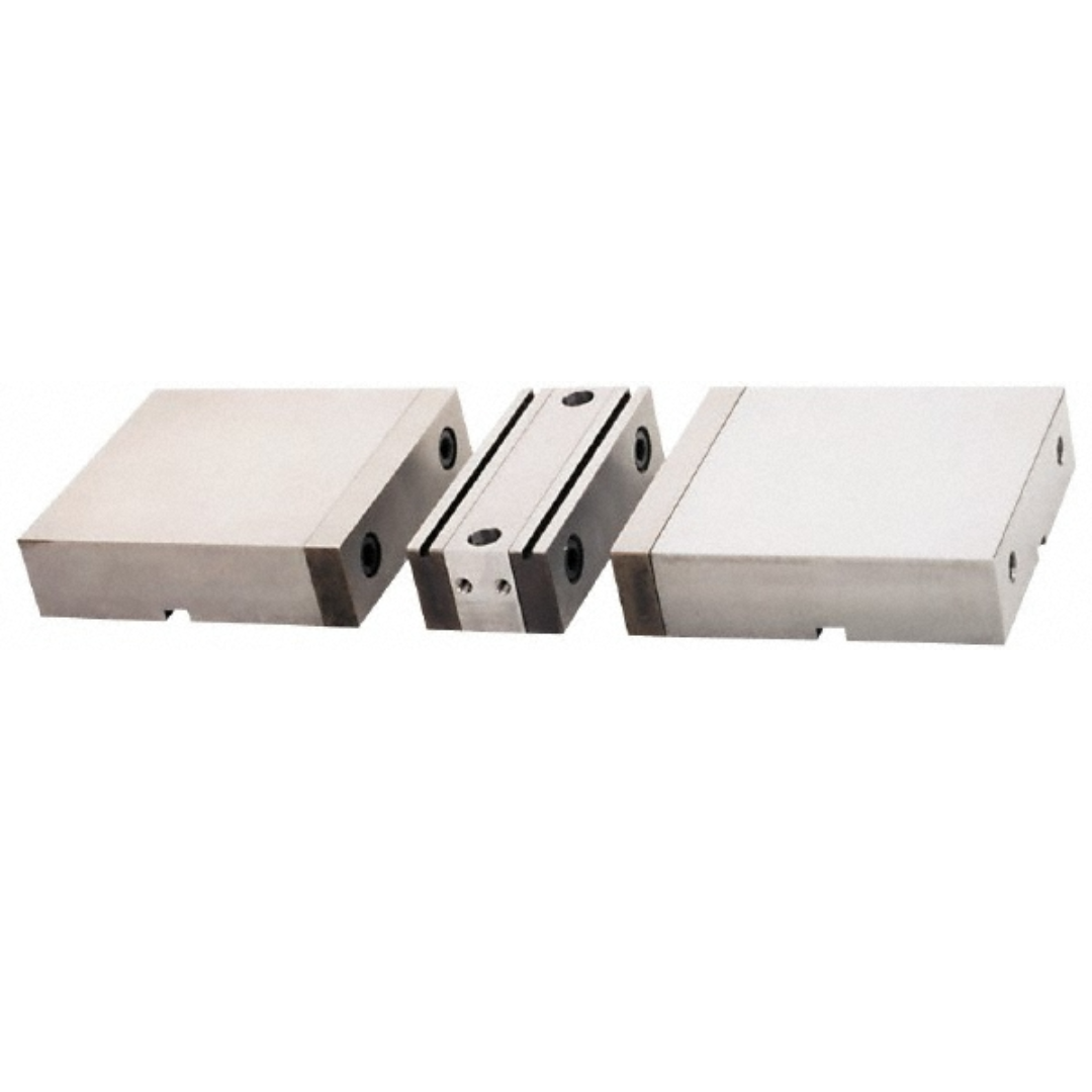 Kurt 152.4mm Wide Steel 3-Jaw Standard Vise Jaw Set 81274342 displayed in a close-up perspective view highlighting the three-jaw configuration, precision-ground steel surfaces, mounting features, and robust workholding design for production machining environments.