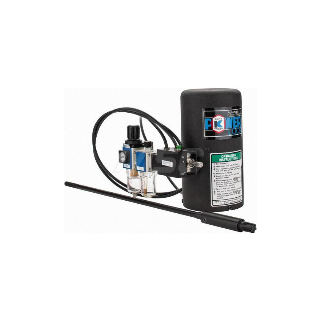 Kurt 23" OAL, 2-1/8" Bar Length, 7/16-20 Milling Machine Drawbar 09523440 mounted power drawbar assembly shown installed on a milling machine for fast and consistent tool retention and release.