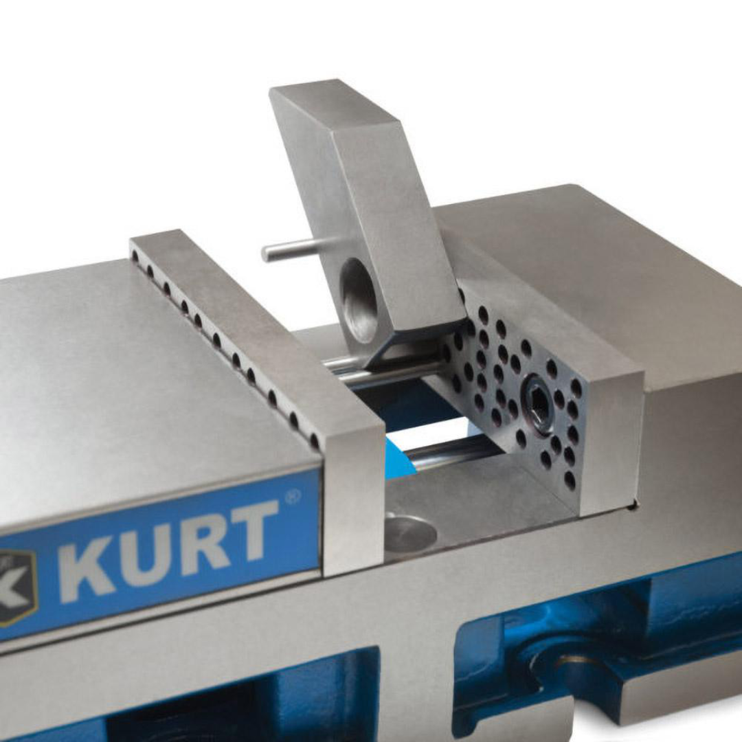 Kurt 8" Wide Steel 2-Jaw 3-in-1 Plate Vise Jaw Set 61763801 installed on a machine vise, demonstrating the multi-function jaw design for secure workpiece positioning, improved grip, and repeatable machining accuracy.