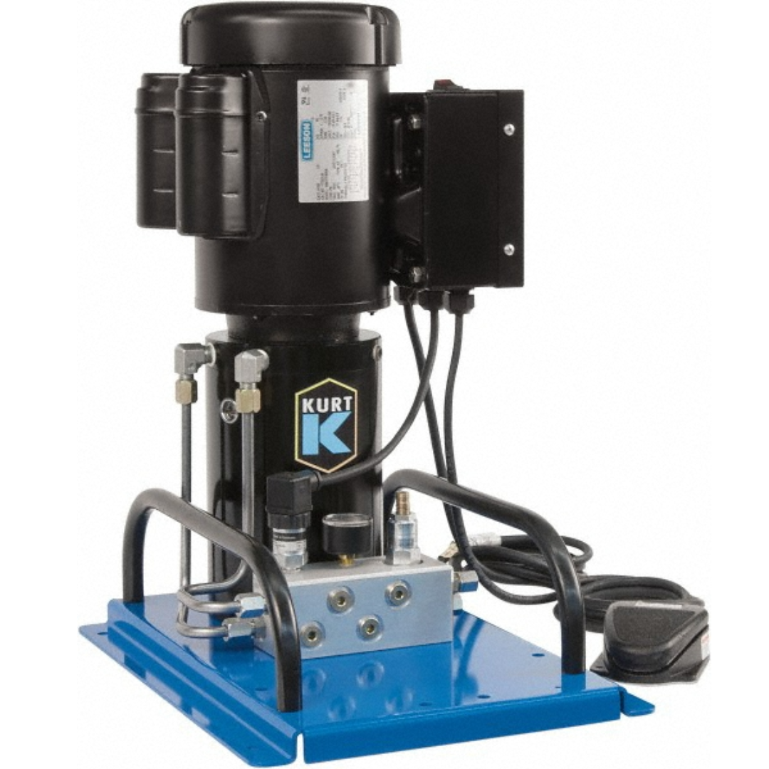 Kurt Air-Hydraulic Pump: 5,000 psi 44792695 shown in a front angled view featuring a compact air-over-hydraulic power unit with electric motor assembly, hydraulic connections, control components, and heavy-duty industrial base for workholding applications.