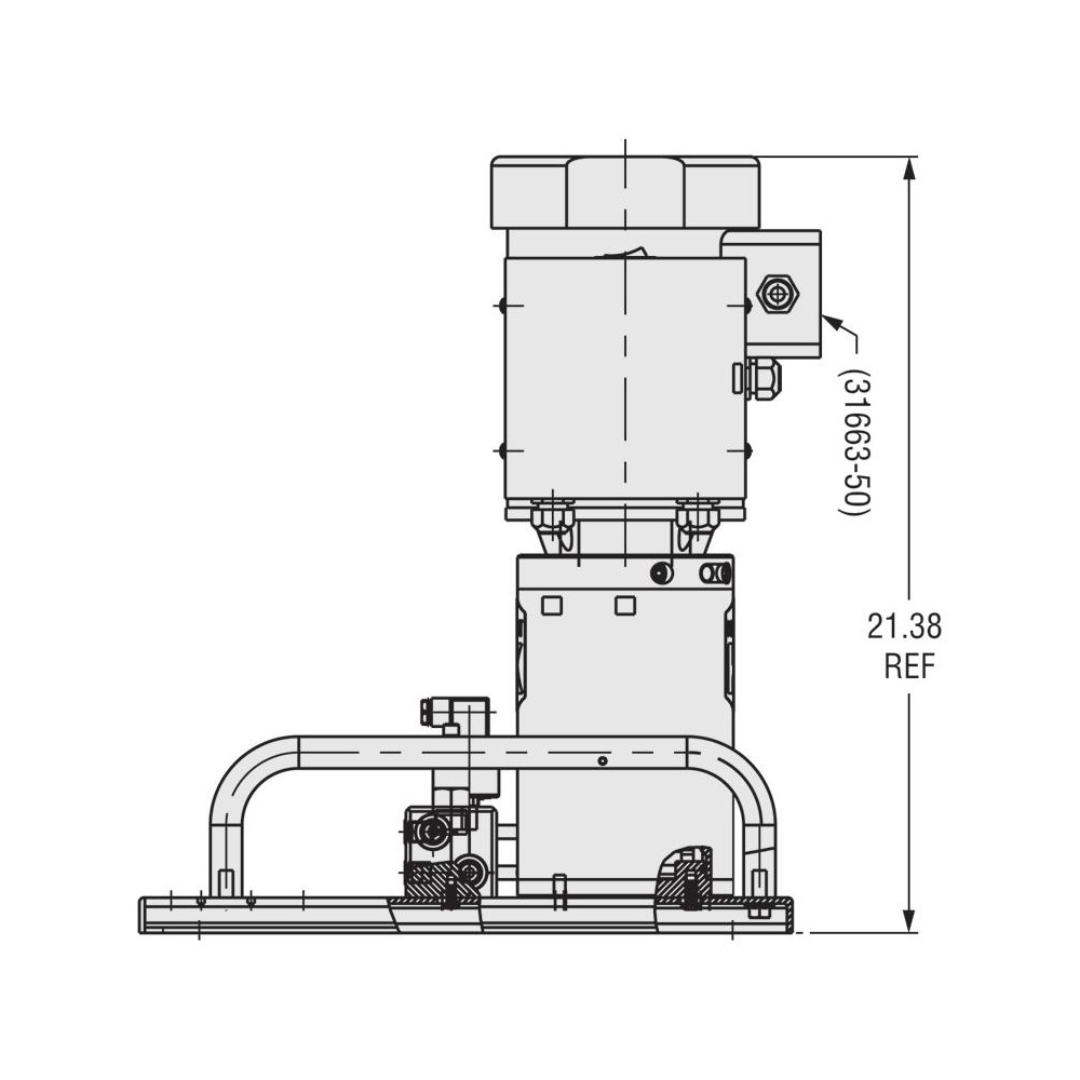 Kurt Air-Hydraulic Pump: 5,000 psi 44792695 side elevation engineering drawing displaying overall dimensions, mounting configuration, hydraulic component placement, and installation reference measurements.