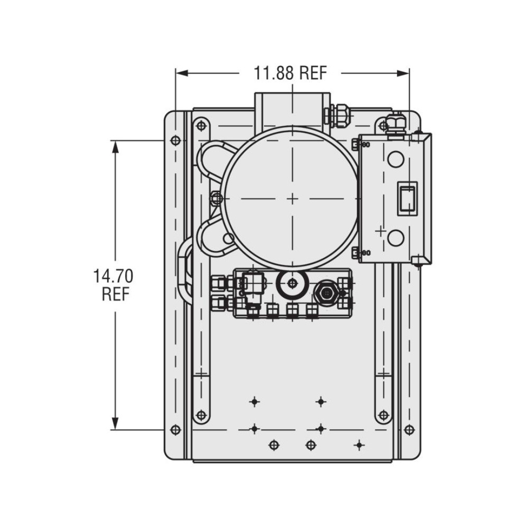 Kurt Air-Hydraulic Pump: 5,000 psi 44792695 technical dimension drawing illustrating front view measurements, mounting specifications, equipment footprint, and engineering reference data for system integration.