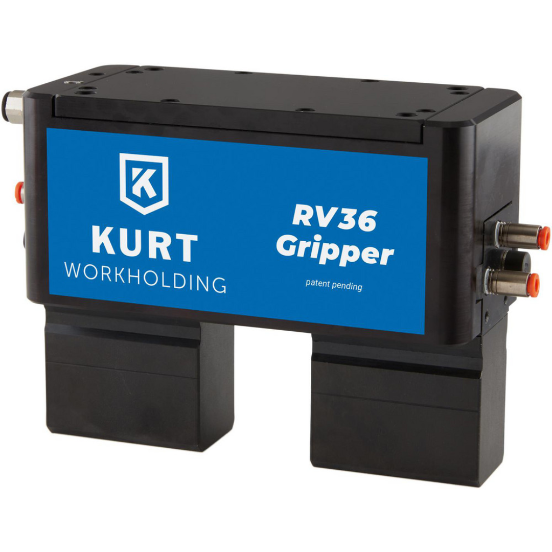 Kurt Air Grippers: Grip Type: 2-Jaw Precision Parallel Gripper; Grip Style: Parallel; Holding Type: Internal; Operating Pressure (psi): 100 psi 55542153 alternate angle displaying pneumatic ports and compact automation-ready configuration.