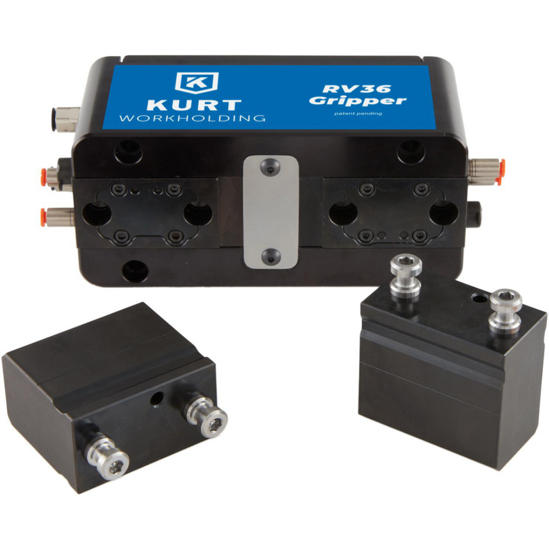 Kurt Air Grippers: Grip Type: 2-Jaw Precision Parallel Gripper; Grip Style: Parallel; Holding Type: Internal; Operating Pressure (psi): 100 psi 55542153 front view showing the precision jaw assembly, pneumatic connections, and compact industrial gripper design.