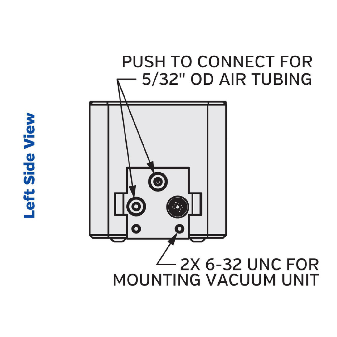 Kurt Air Grippers: Grip Type: 2-Jaw Precision Parallel Gripper; Grip Style: Parallel; Holding Type: Internal; Operating Pressure (psi): 100 psi 55542161 front-view engineering drawing detailing gripper body dimensions and mounting specifications.