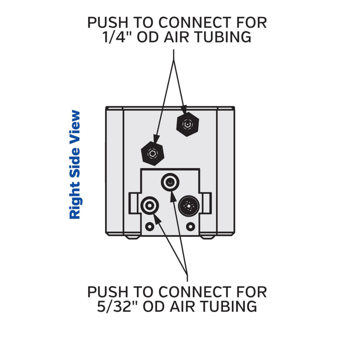 Kurt Air Grippers: Grip Type: 2-Jaw Precision Parallel Gripper; Grip Style: Parallel; Holding Type: Internal; Operating Pressure (psi): 100 psi 55542161 pneumatic connection diagram illustrating air port locations and tubing requirements for proper installation.