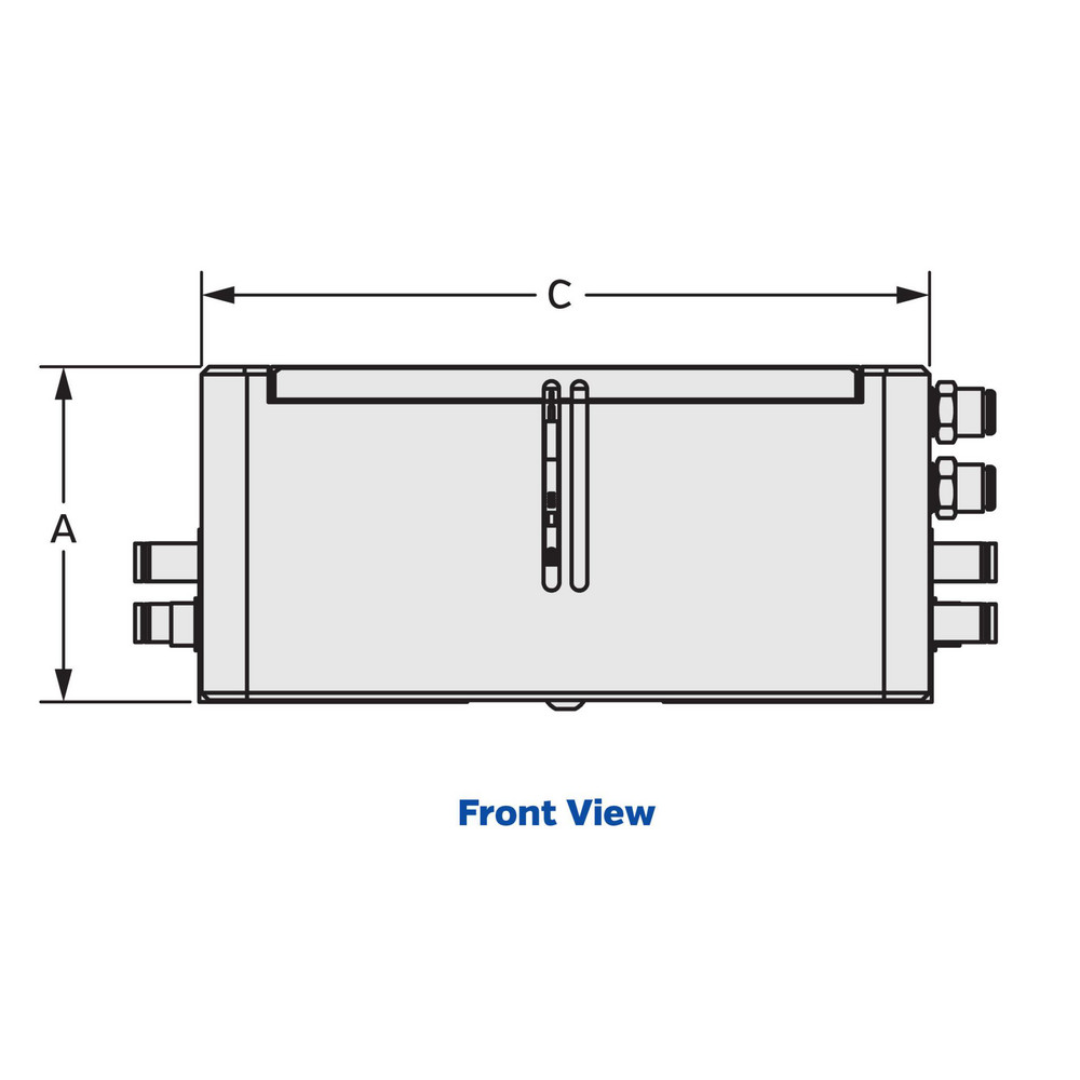 Kurt Air Grippers: Grip Type: 2-Jaw Precision Parallel Gripper; Grip Style: Parallel; Holding Type: Internal; Operating Pressure (psi): 100 psi 55542161 side-view technical drawing displaying jaw travel dimensions and gripper housing geometry.