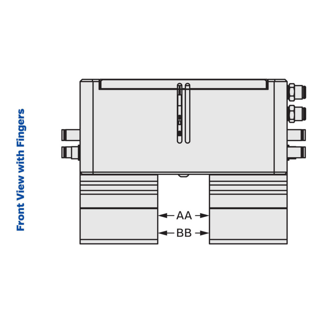 Kurt Air Grippers: Grip Type: 2-Jaw Precision Parallel Gripper; Grip Style: Parallel; Holding Type: Internal; Operating Pressure (psi): 100 psi 55542666 dimensional diagram showing mounting hole spacing, jaw centerlines, and precision gripper layout.