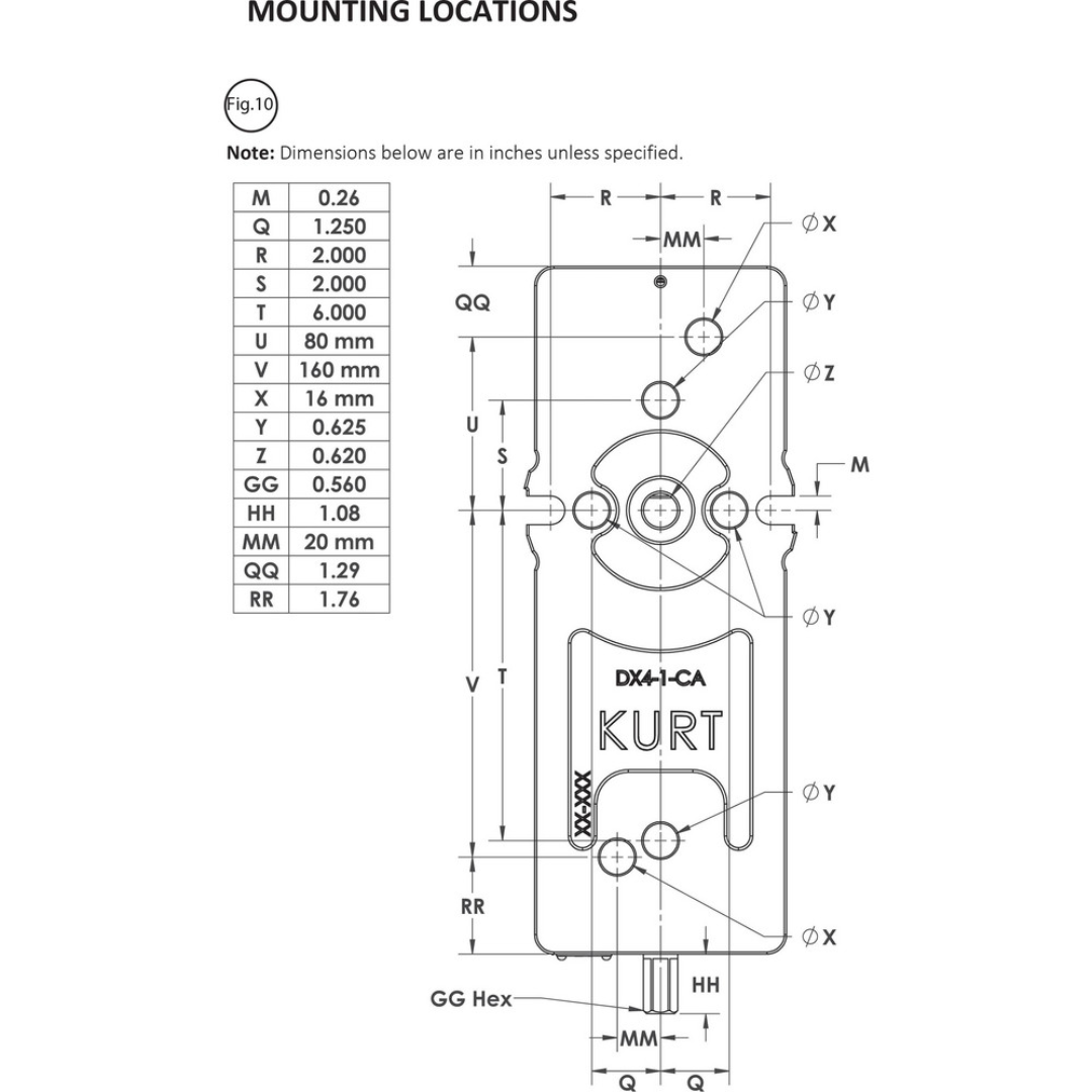 Kurt CNC Machines Vise: DX, Single-Station, 4.0000" Jaw Width, 9.0" Jaw Opening, Stationary Base, Precision 05318027 mounting pattern diagram displaying hole locations, mounting dimensions, and installation specifications for accurate machine table integration.