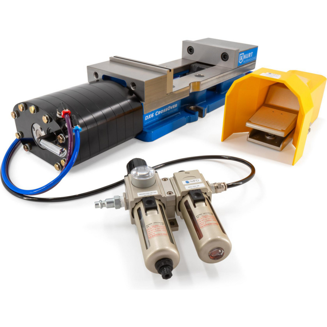Kurt CNC Machines Vise: DX, Single-Station, 6.00" Jaw Width, 9.0" Jaw Opening, Stationary Base, Precision 67155739 product configuration image displaying the vise with hydraulic accessories for automated workholding applications.