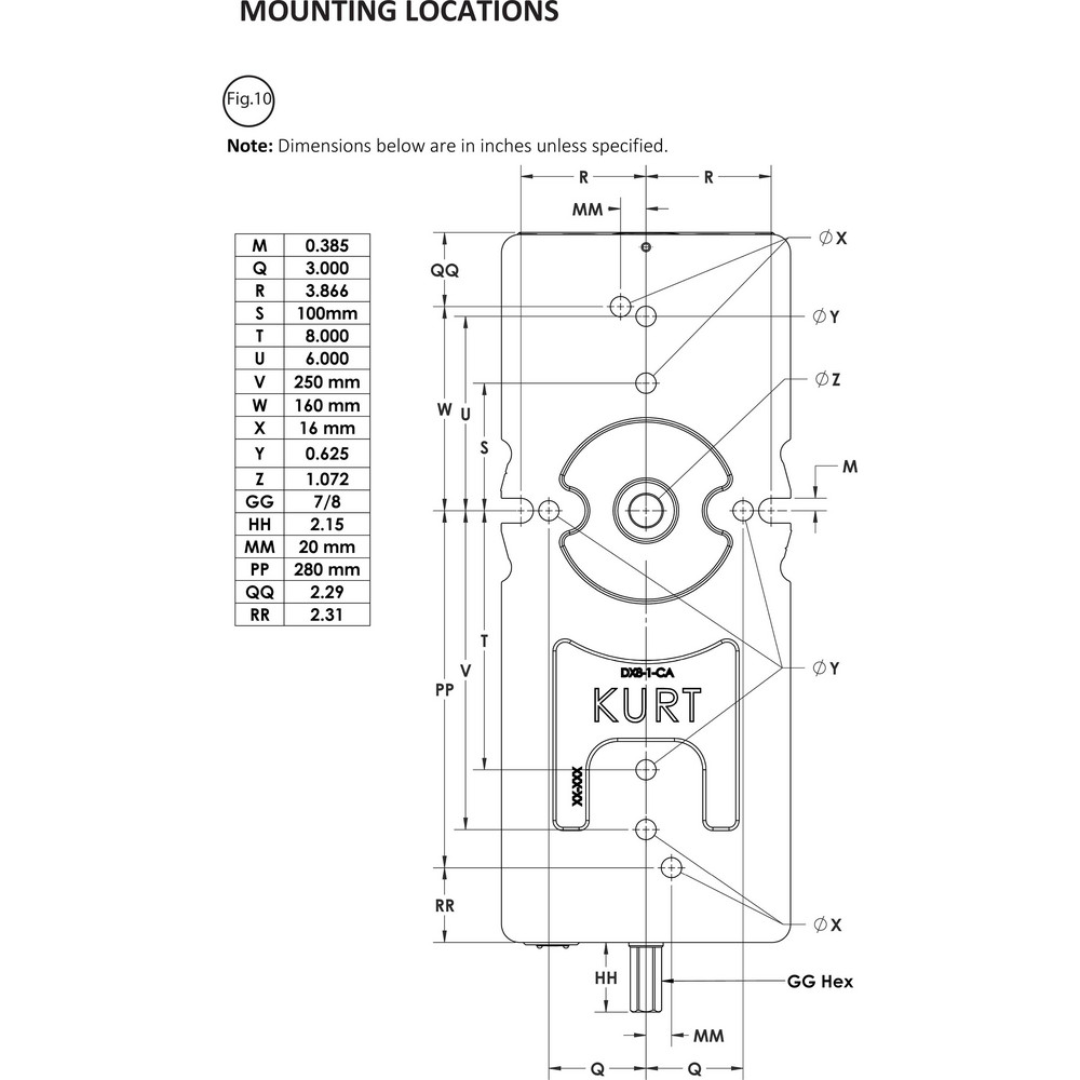 Kurt CNC Machines Vise: DX, Single-Station, 8.00" Jaw Width, 10.0" Jaw Opening, Stationary Base, Precision 81818304 technical layout illustration displaying critical measurements, jaw positioning dimensions, and installation specifications for accurate CNC machine setup and workholding performance.