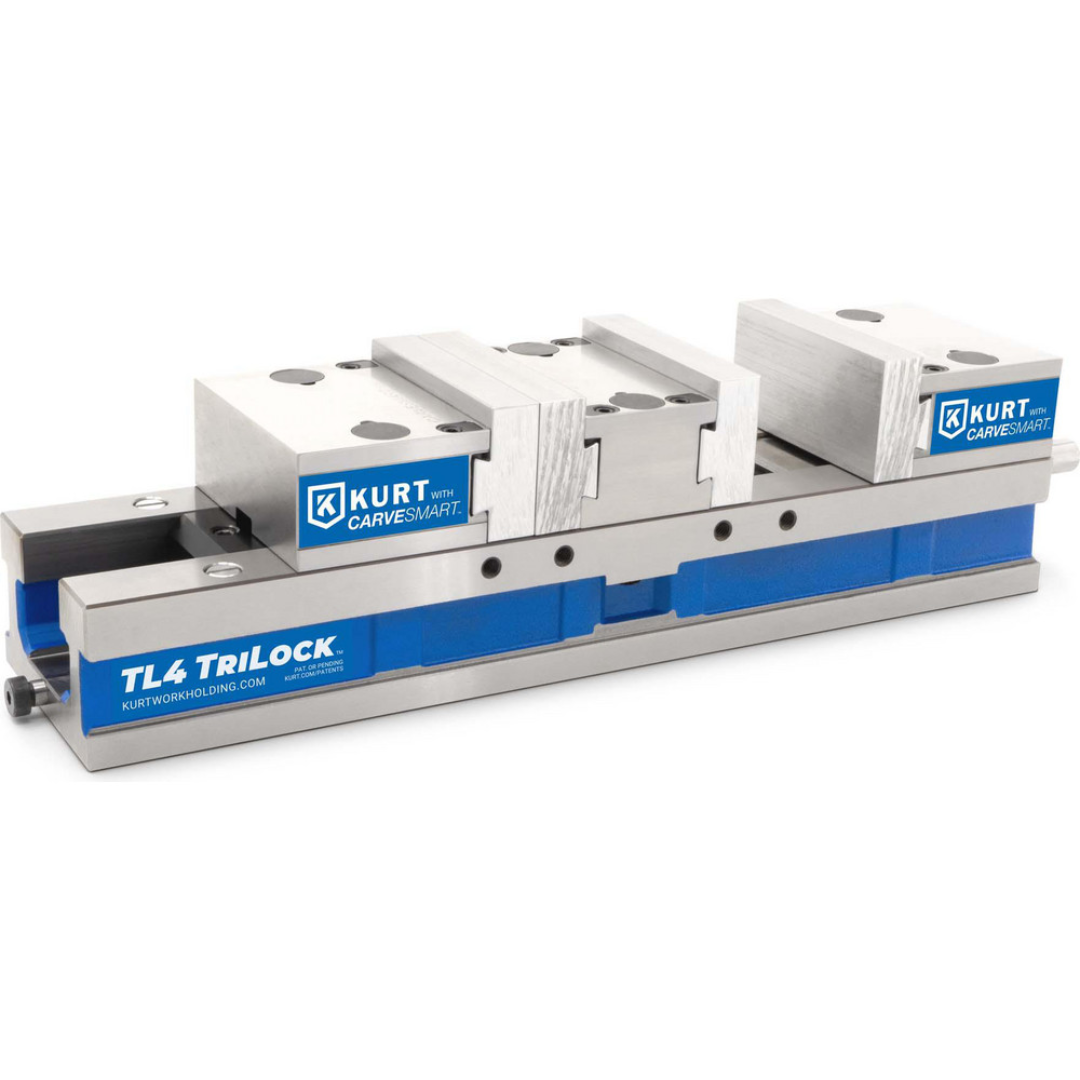 Kurt CNC Machines Vise: TriLock, Double-Station, 3.9700" Jaw Width, 9.8" Jaw Opening, Stationary Base, Precision 55542674 multi-station CNC vise designed to maximize production throughput with accurate dual-workpiece clamping and precision machining performance.