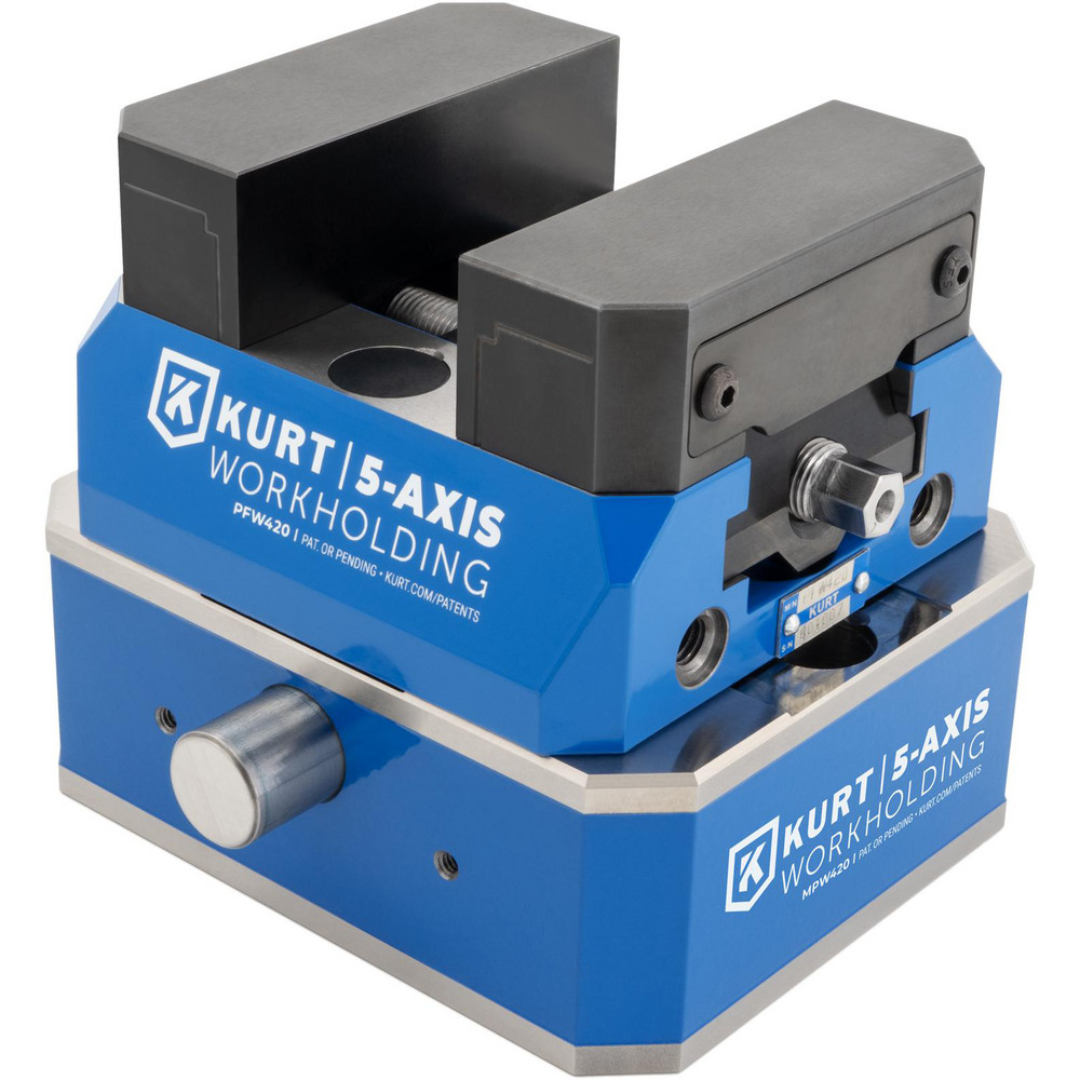 Kurt CNC Quick-Change Clamping Modules: Actuation Type: Manual; Number of Module Centers: 1 55541924 displayed with a mounted Kurt 5-axis vise, illustrating compatibility with precision workholding systems, quick-change functionality, and efficient fixture setup for advanced machining operations.