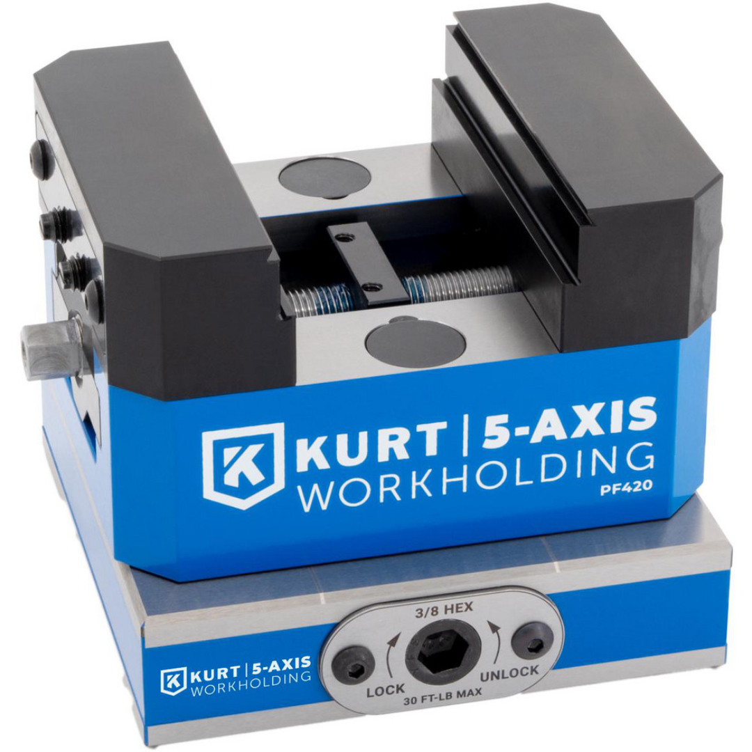 Kurt CNC Quick-Change Clamping Modules: Actuation Type: Manual; Number of Module Centers: 1 64931157 shown with a mounted self-centering vise, illustrating compatibility with Kurt 5-Axis workholding systems and quick-change tooling setups.