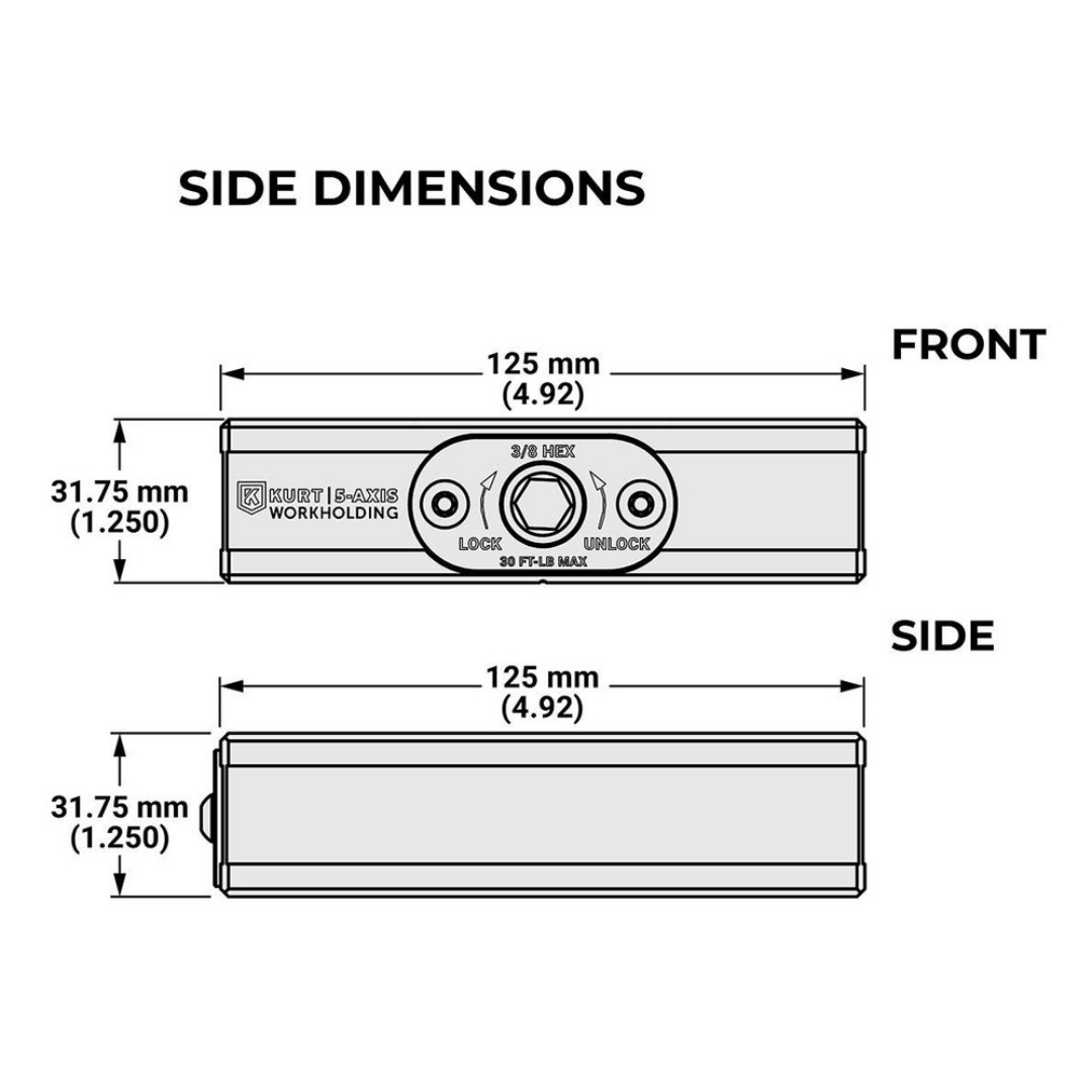 Kurt CNC Quick-Change Clamping Modules: Actuation Type: Manual; Number of Module Centers: 1 64931157 side dimension drawing displaying module dimensions, mounting locations, and engineering reference measurements.
