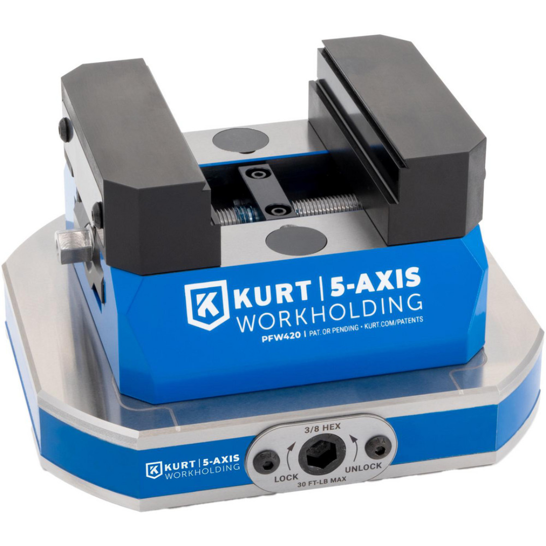 Kurt CNC Quick-Change Clamping Modules: Actuation Type: Manual; Number of Module Centers: 1 69738011 displayed with a mounted self-centering vise, illustrating compatibility with quick-change workholding systems, precision locating features, and efficient fixture changeover capability for CNC machining environments.