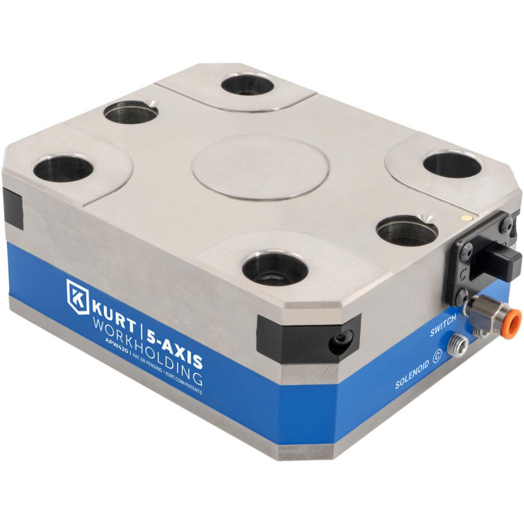 Kurt CNC Quick-Change Clamping Modules: Actuation Type: Pneumatic; Number of Module Centers: 1 55539316 displayed with compatible mounting hardware and a Kurt 5-axis vise, illustrating quick-change installation capability, pull-stud interface components, and modular workholding integration.