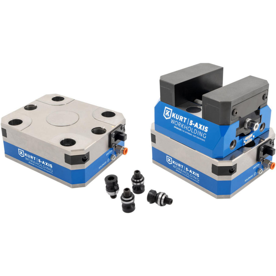 Kurt CNC Quick-Change Clamping Modules: Actuation Type: Pneumatic; Number of Module Centers: 1 55539316 shown in a front angled view featuring a precision pneumatic quick-change clamping module with integrated pull-stud retention system, compact workholding platform, and robust construction for CNC machining applications.