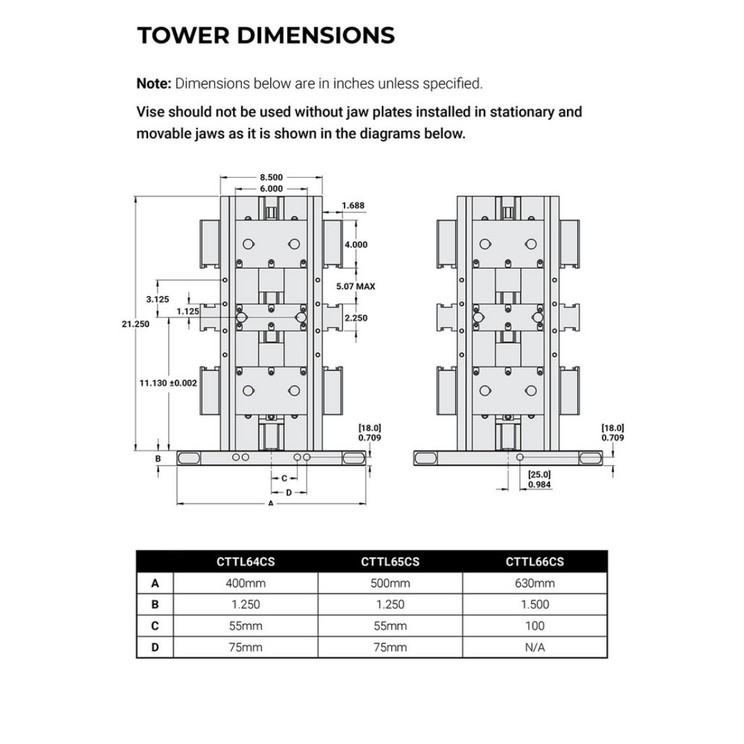 Kurt Machine Vise: 8-Station, 6.0000" Jaw Width, 11" Jaw Opening, Stationary Base, Precision CTTL66CS engineering specification drawing showing dimensional data, station arrangement, and precision vise configuration for industrial machining environments.