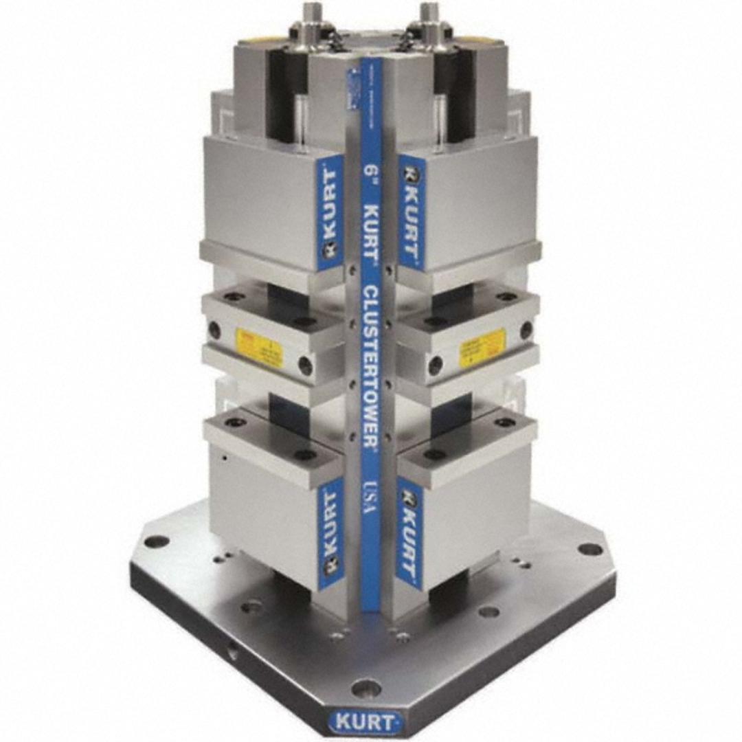 Kurt Machine Vise: 8-Station, 6.0000" Jaw Width, 4" Jaw Opening, Stationary Base, Precision 47385596 mounted on a precision multi-station fixture with stacked vise configuration for high-efficiency CNC machining and repeatable workholding applications.