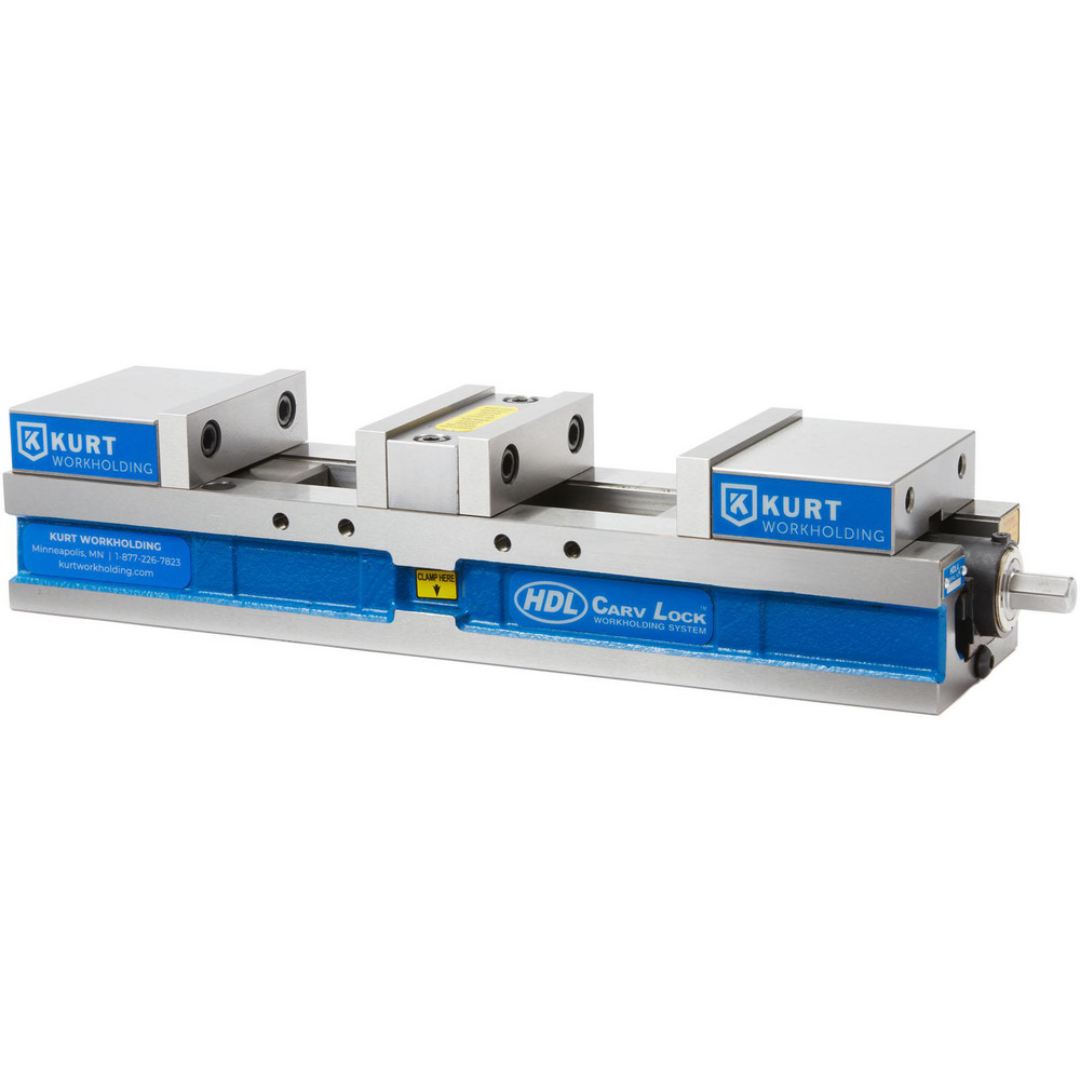 Kurt Machine Vise: Double-Station, 4.00" Jaw Width, 2-63/64" Jaw Opening, Stationary Base 73411720 shown in a front three-quarter view featuring dual workholding stations, precision jaws, and a rigid stationary base for multi-part machining operations.