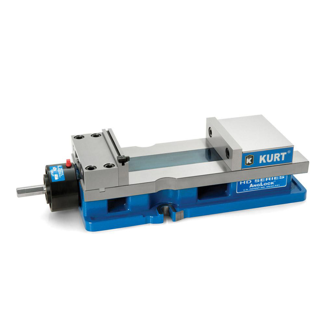 Kurt Machine Vise: Single-Station, 6.0000" Jaw Width, 9" Jaw Opening, Stationary Base, Precision 61764213 angled side view showing the precision-ground vise body, stationary base design, and high-capacity jaw opening for secure workpiece clamping.
