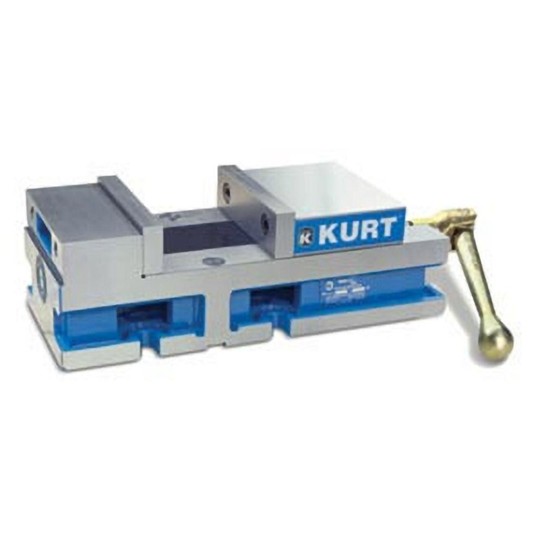 Kurt Machine Vise: Single-Station, 6.00" Jaw Width, 4" Jaw Opening, Stationary Base, Precision 09219049 angled side view showing rigid stationary base construction, manual operation, and precision-ground components for machining accuracy.