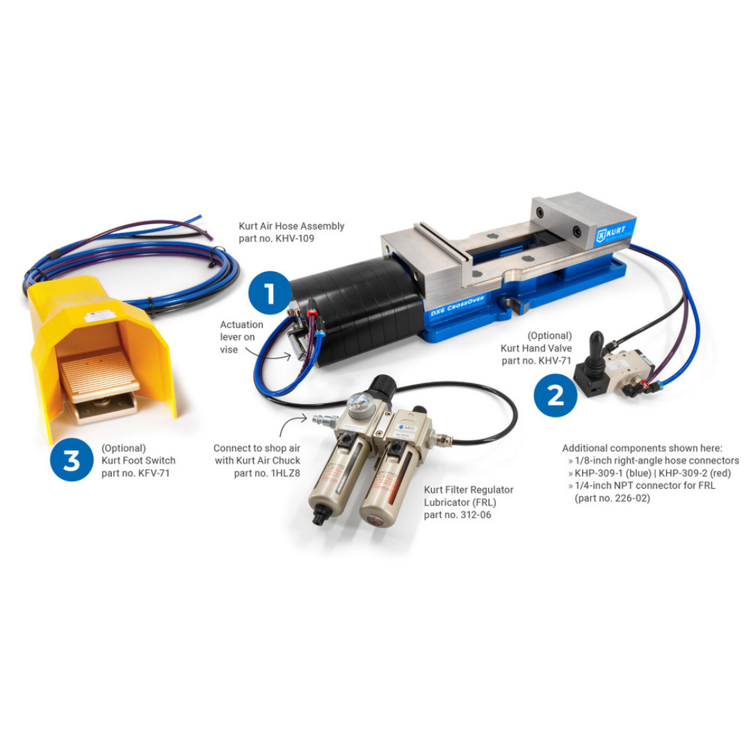 Kurt Machine Vise: Single-Station, 6.00" Jaw Width, 6" Jaw Opening, Stationary Base, Precision 09219320 shown with pneumatic/hydraulic actuation components, highlighting the precision workholding system, durable construction, and high-performance clamping capabilities for production machining environments.