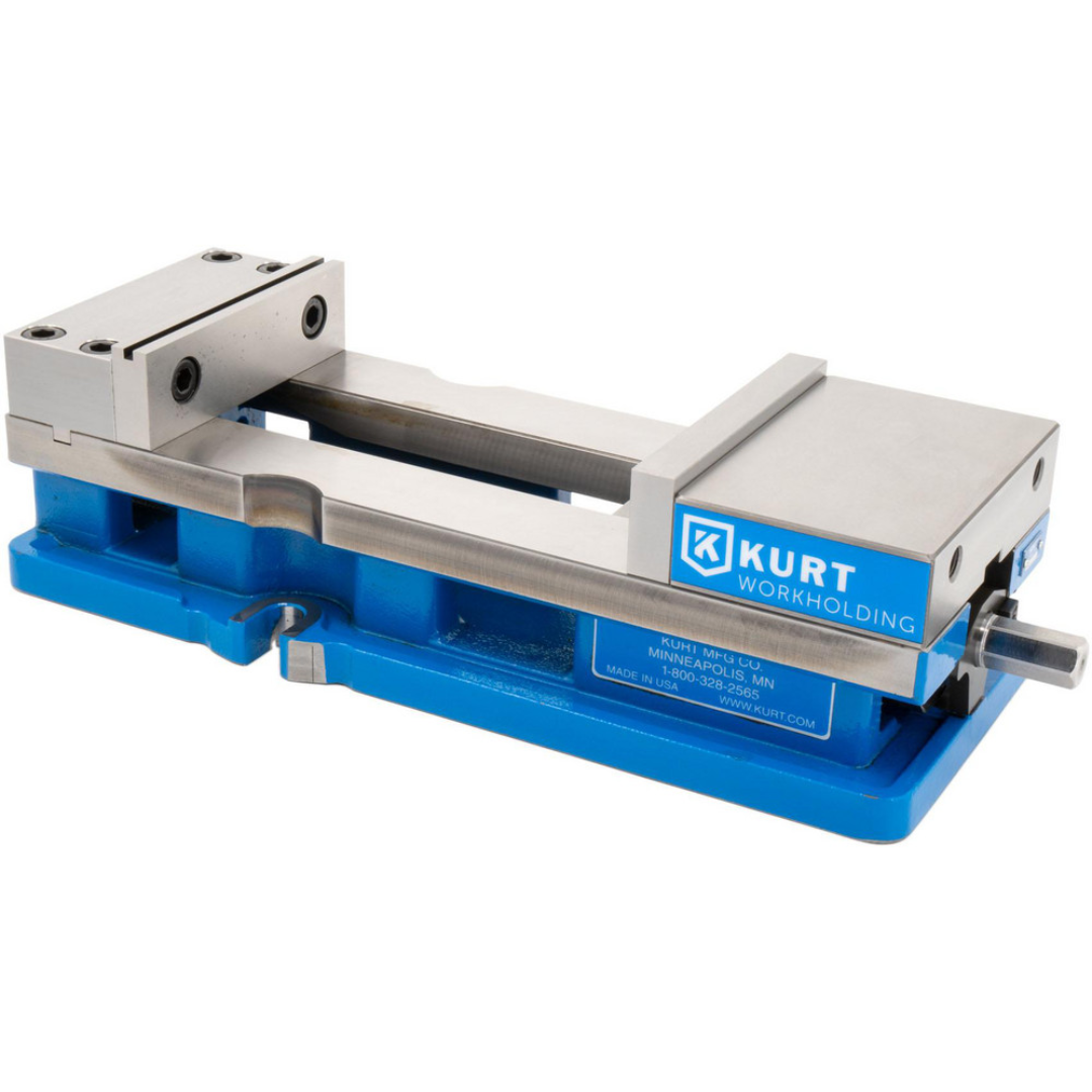 Kurt Machine Vise: Single-Station, 6.00" Jaw Width, 9-1/16" Jaw Opening, Stationary Base, Precision 73411712 shown in a front three-quarter view with precision-ground jaws, rigid stationary base, and heavy-duty workholding construction for machining applications.