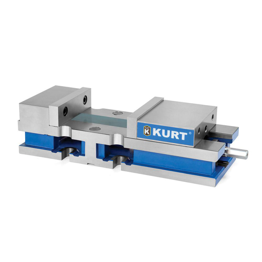 Kurt Machine Vise: Single-Station, 8.00" Jaw Width, 10-1/4" Jaw Opening, Stationary Base, Precision 44613685 angled product view showing rigid industrial construction, precision-ground surfaces, and high-accuracy workholding performance for demanding machining applications.