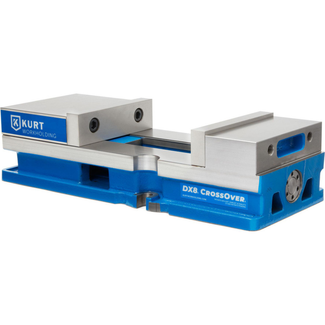 Kurt Machine Vise: Single-Station, 8.00" Jaw Width, 10" Jaw Opening, Stationary Base, Precision 18723726 side-angle view highlighting the jaw assembly, stationary base design, and precision-machined workholding surfaces.