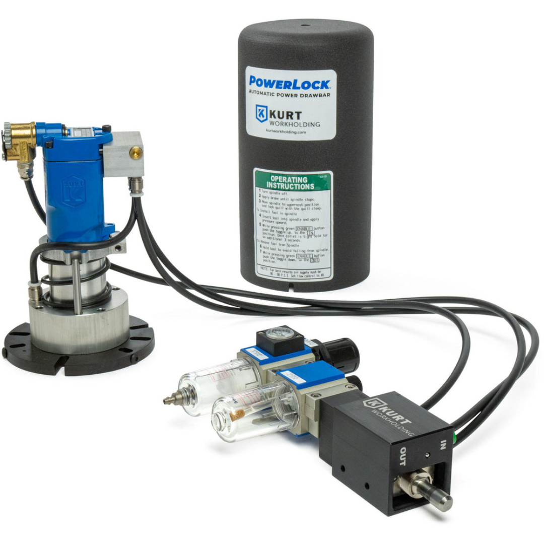 Kurt Milling Machine Drawbars 84269216 automatic power drawbar system with pneumatic actuator, control assembly, and air preparation components designed to speed up tool changes on milling machines.