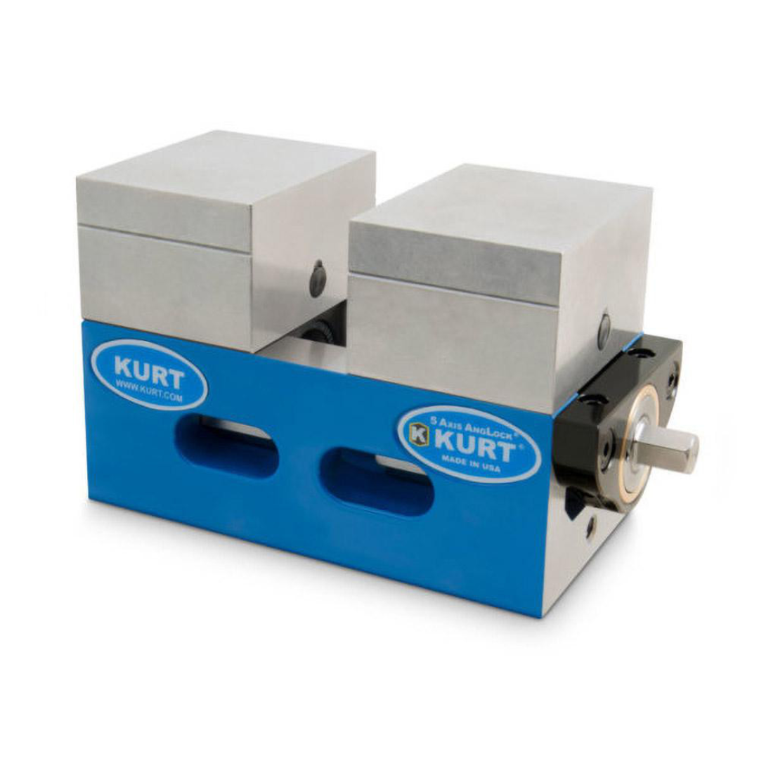 Kurt Modular Vise: 2-1/2" Jaw Width, 1.5000" Jaw Height, 1.0000" Jaw Opening Capacity SCMX250 angled side view highlighting the compact modular design, precision-machined jaws, and secure clamping mechanism for multi-axis machining applications.