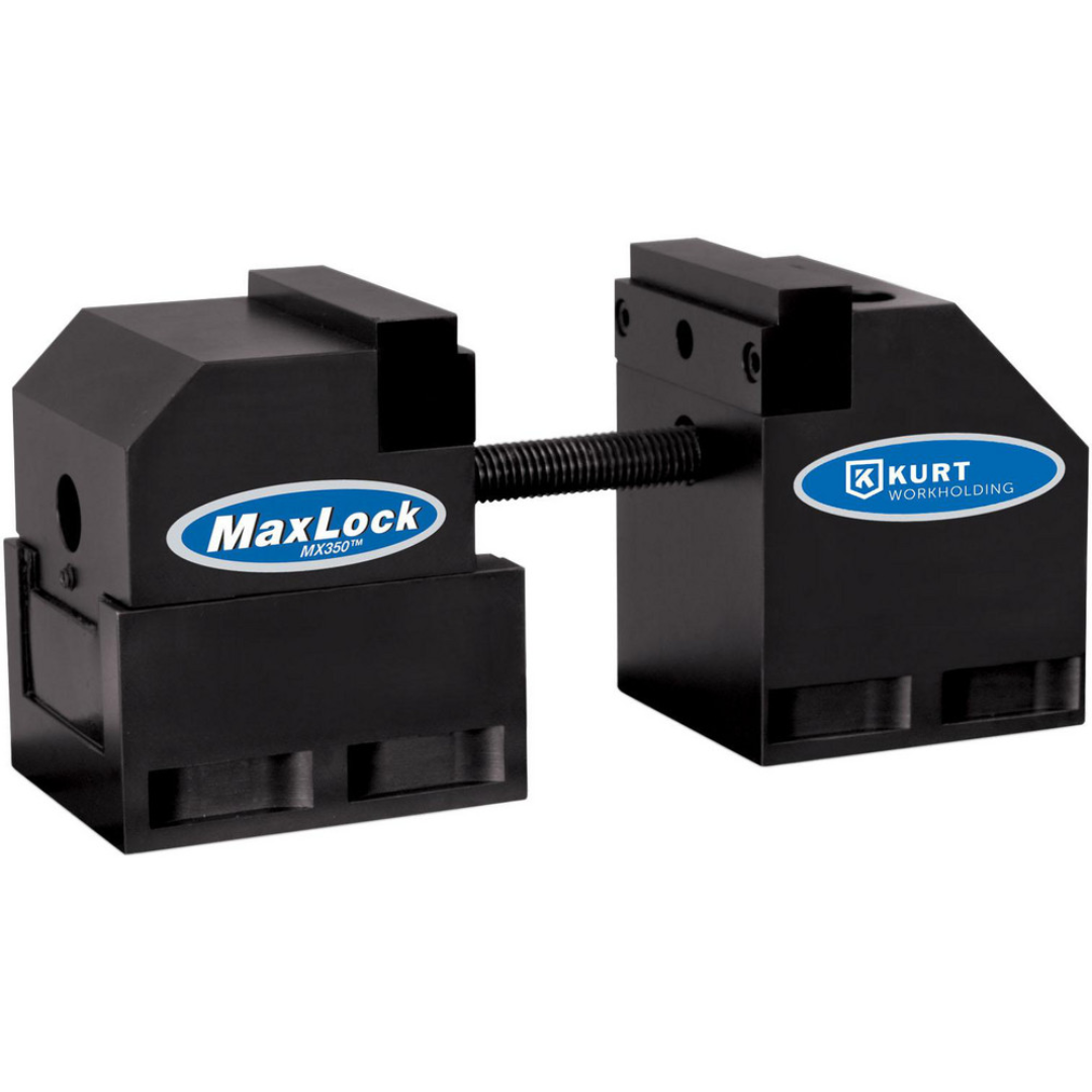 Kurt Modular Vise: 3-1/2" Jaw Width, 1.3125" Jaw Height, 15.5000" Jaw Opening Capacity MX350 heavy-duty modular workholding vise featuring precision-ground jaws, large jaw opening capacity, rigid steel construction, and MaxLock clamping technology for CNC machining and manufacturing applications.